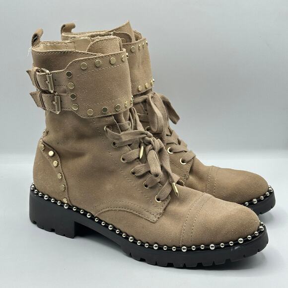 SAM EDELMAN Jennifer Studded Combat Boots Suede Tan Brown - Picture 2 of 9